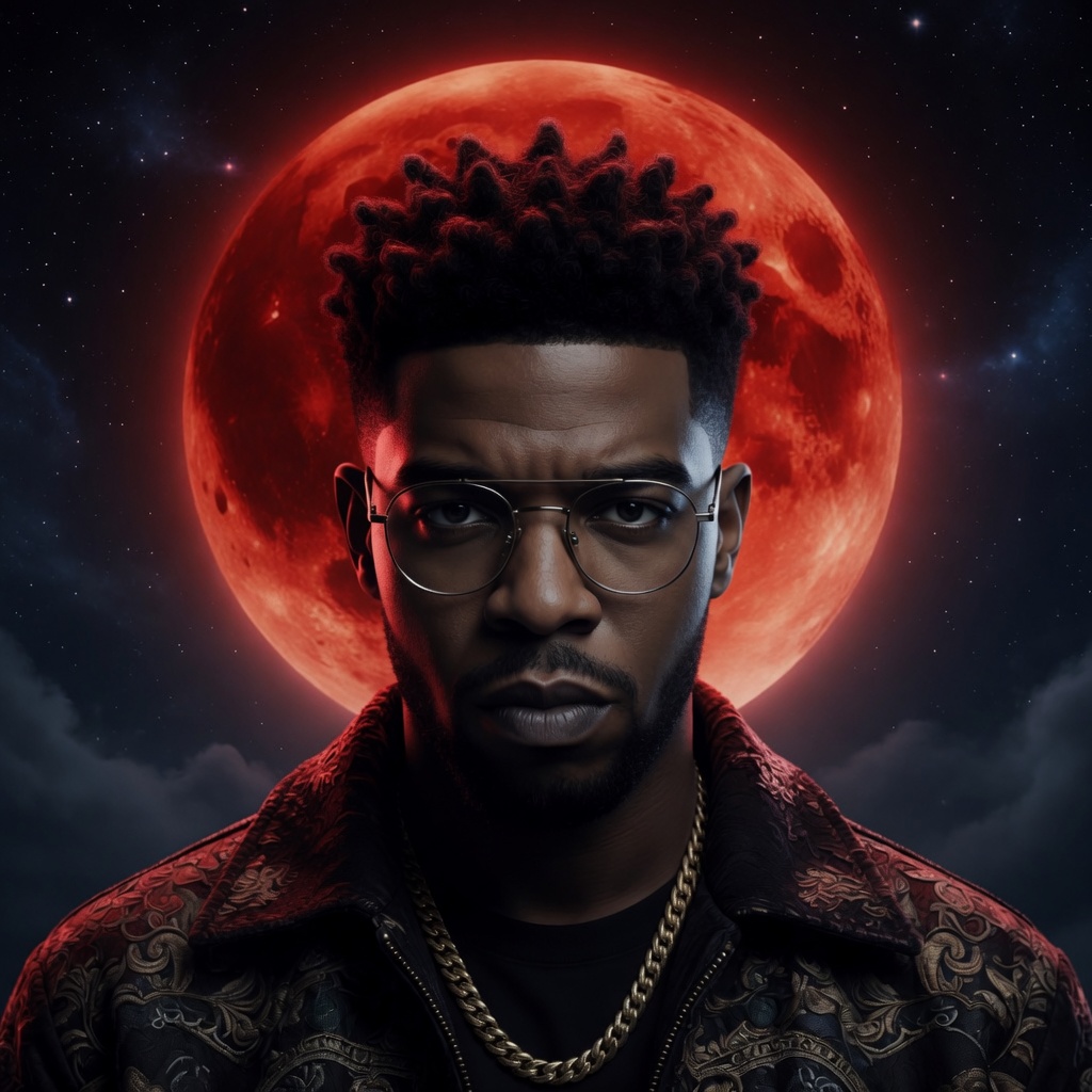 hip-hop-beats-like-kid-cudi Rap beats like the rapper Kid CuDi. man with short, curly hair, glasses, and a gold chain stands against a dramatic night sky with a large, red full moon glowing behind him. He wears a patterned jacket and looks seriously at the camera.
