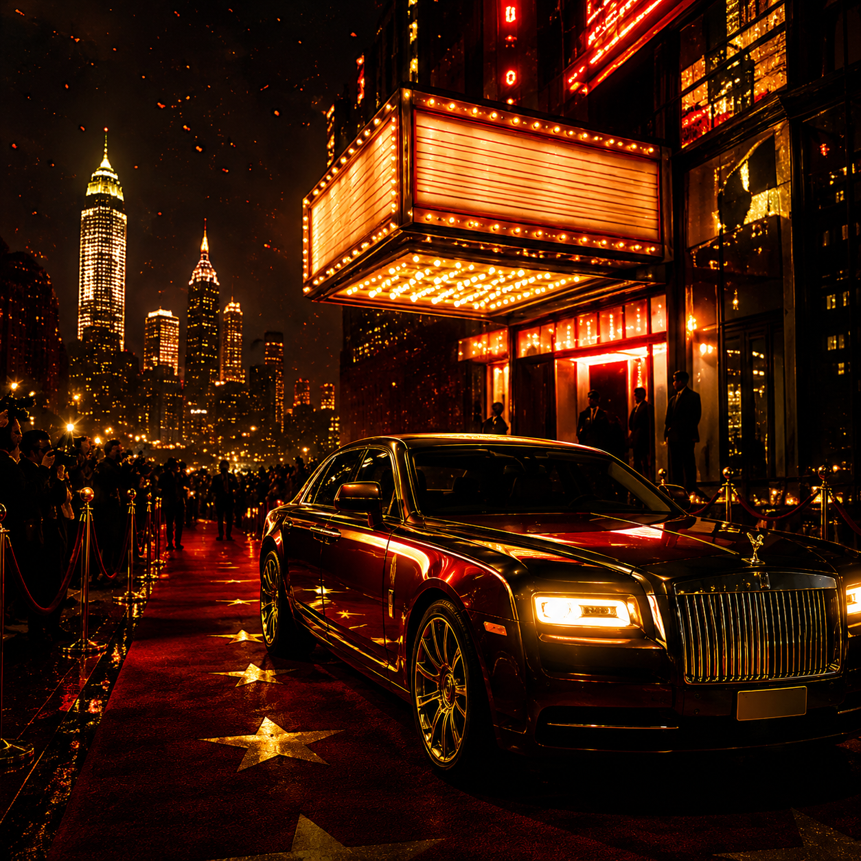 hollywood-fool-migos-type-beat A luxurious black Rolls-Royce is parked on a red carpet outside a brightly lit theater at night, with a city skyline and crowd of people visible in the background.
