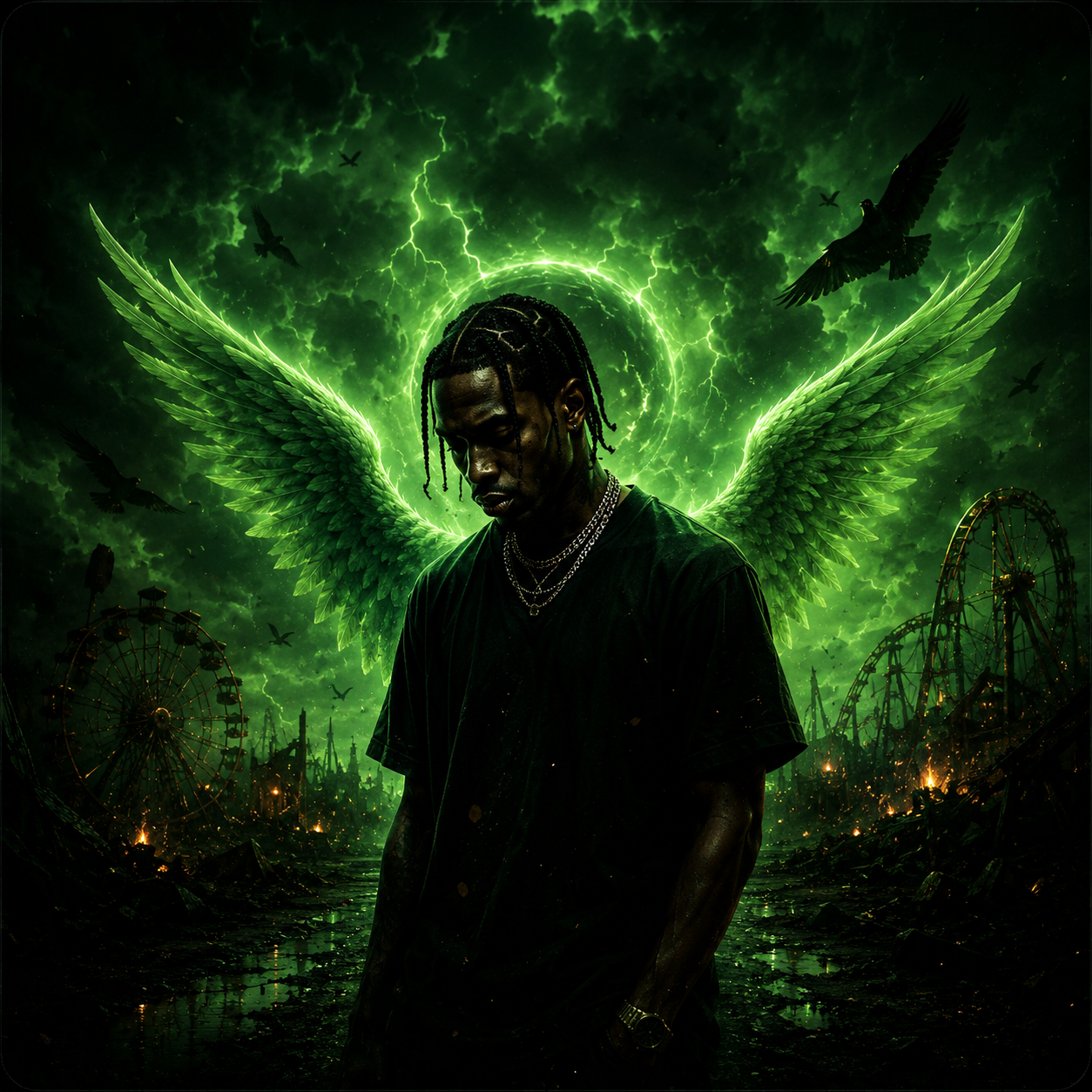 im-good-travis-scott-type-beat Dark cinematic rapper with glowing green angel wings standing in a post-apocalyptic carnival landscape surrounded by storm clouds, neon lightning, and psychedelic atmospheric energy depicting the melodic experimental trap sound and futuristic Travis Scott-inspired vibe produced by The CorporateThief Beats.