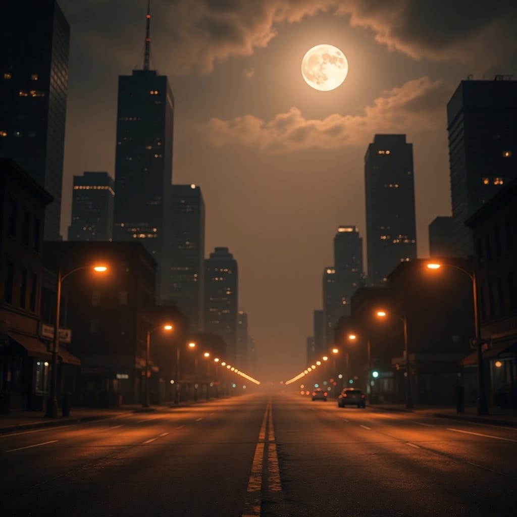 treet lights with the oragne night glow image to represent dark hip hop beats image of a dark city street lights with the moon in the sky with a light oragne night glow image to represent dark hip hop beats