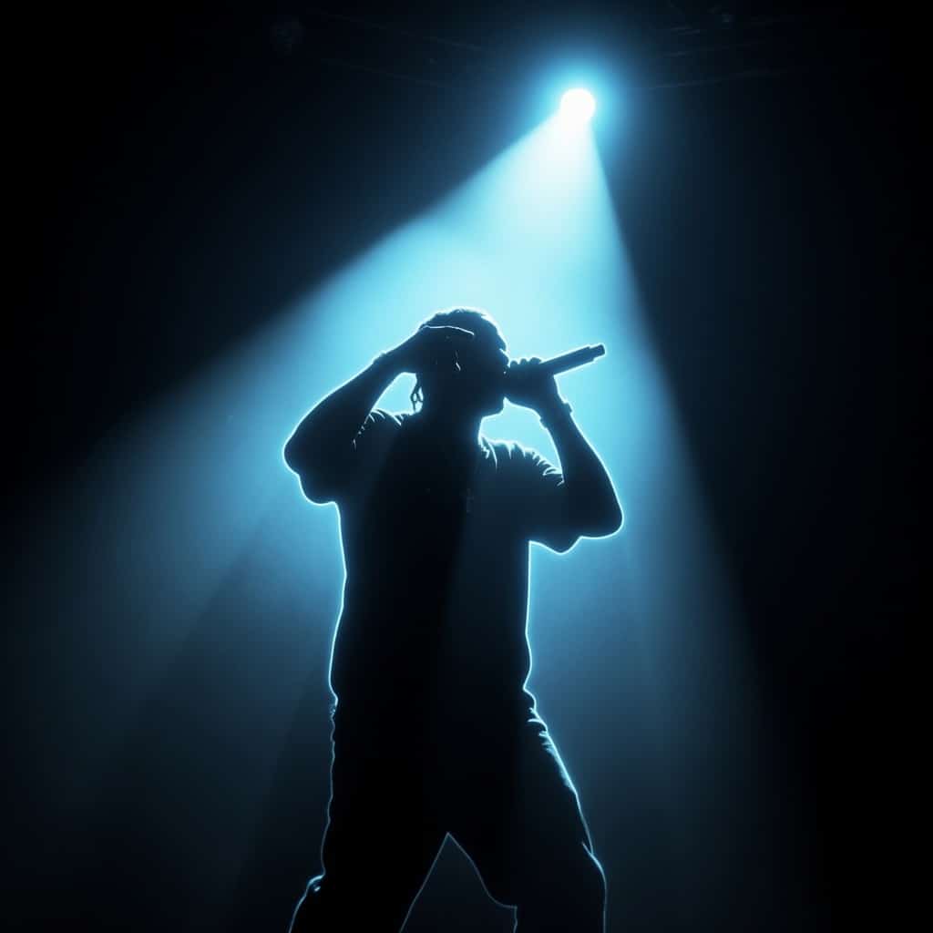 image of a freestyle rapper on stage with a blu light blow image of a freestyle rapper on stage with a blu light blow