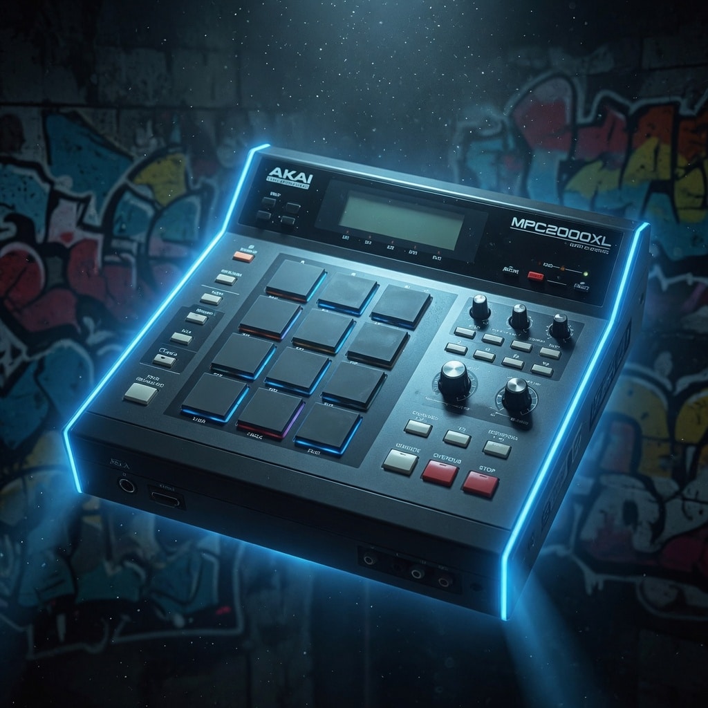 old school beat machine image of a old school beat machine similar to the akai MPC light blue glow image to represent old school hip hop beats
