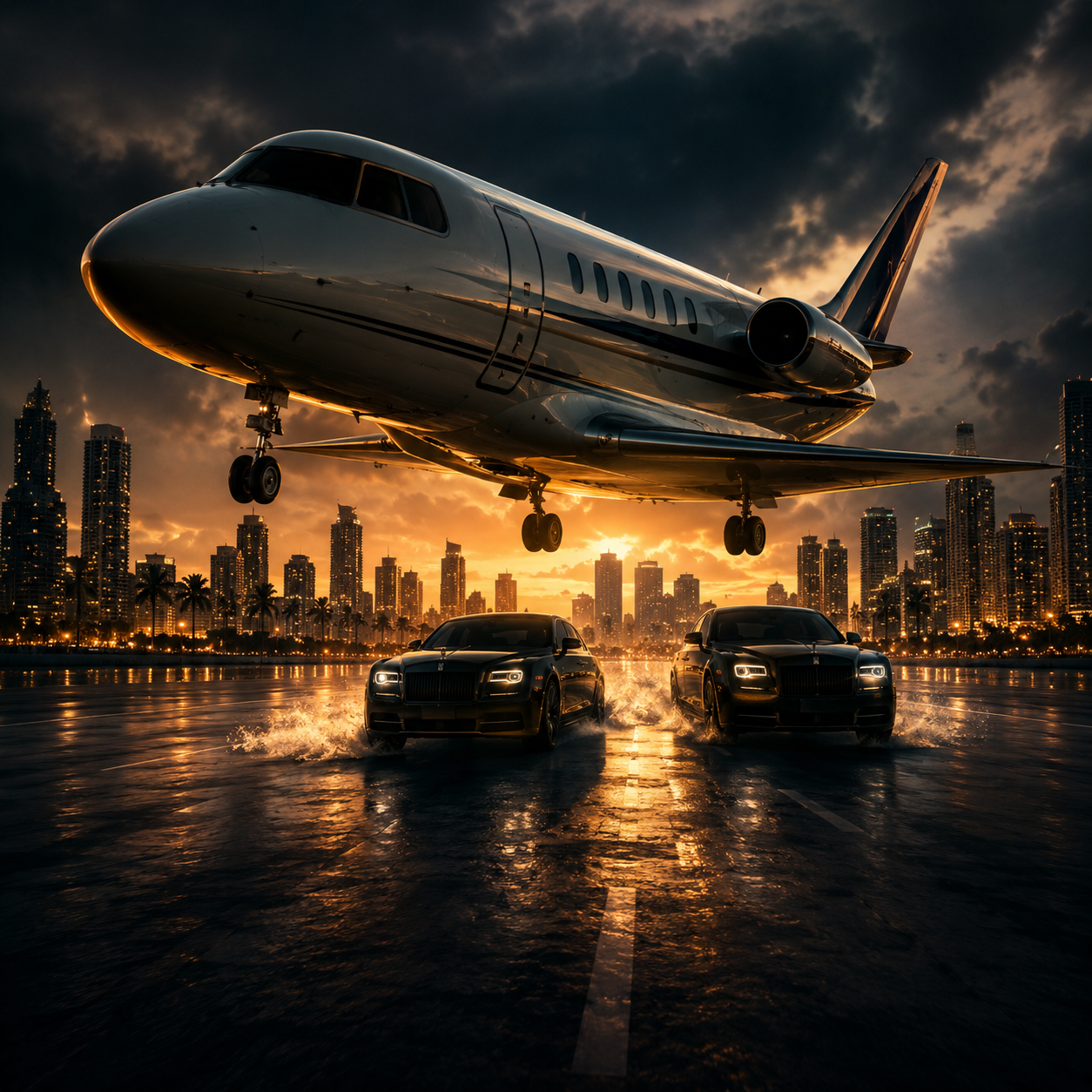 jetset-rick-ross-type-beat Cinematic luxury artwork featuring a private jet, exotic cars, and a glowing Miami-style skyline to represent Jetset, a Rick Ross-inspired instrumental with orchestral production, luxury rap energy, and cinematic boss-level vibes produced by The Corporatethief Beats.
