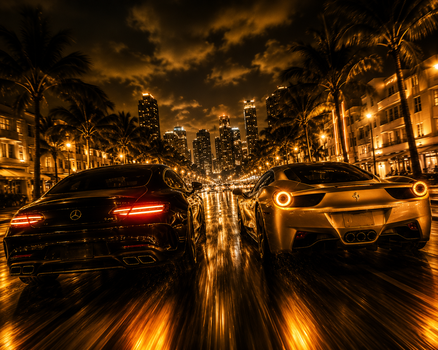 la-ridaz-west-coast-instrumental Cinematic West Coast luxury rap instrumental artwork featuring two exotic cars street racing through a glowing Miami-inspired cityscape with palm trees, nightlife aesthetics, and golden cinematic lighting