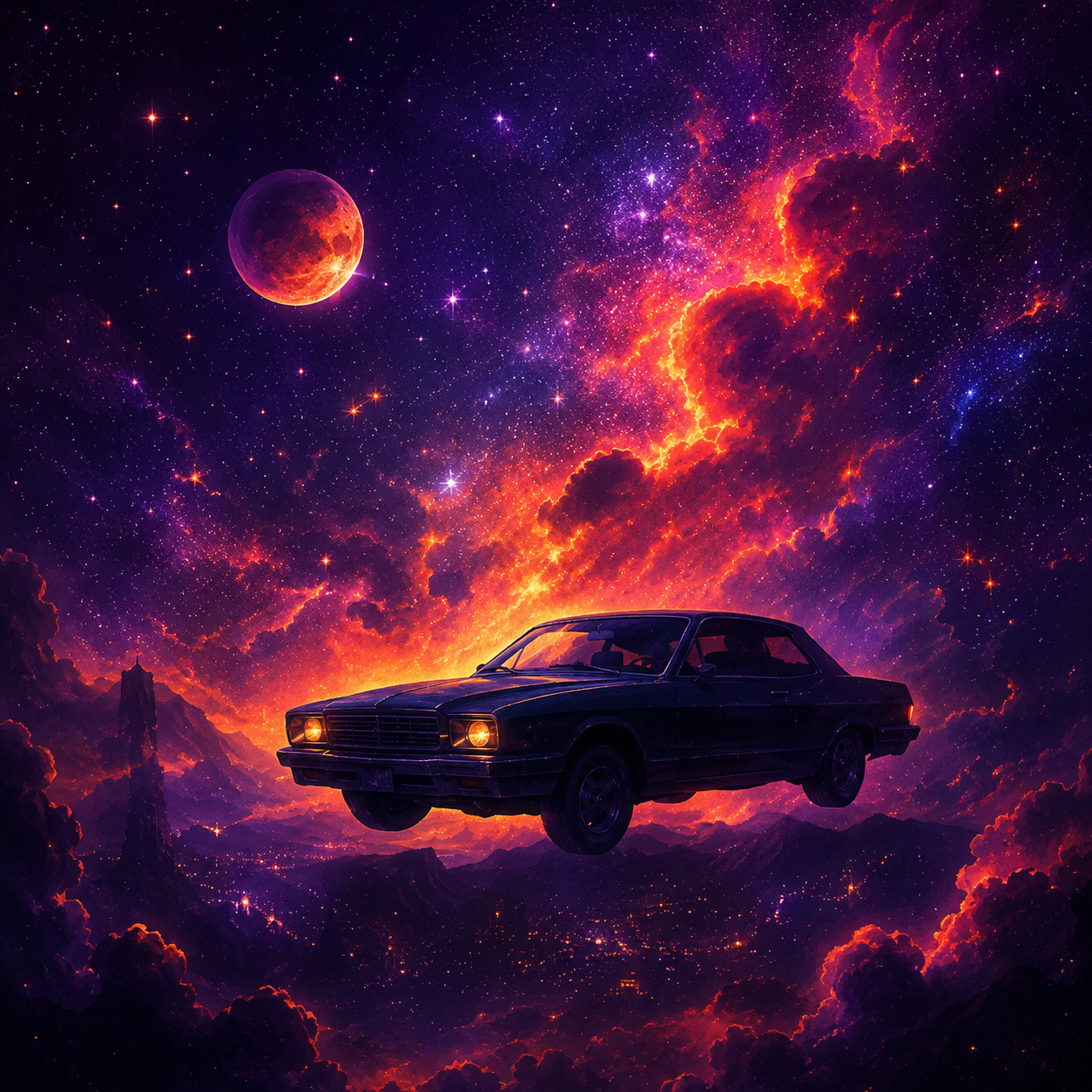 lazy-rider-kid-cudi-type-beat Dreamy psychedelic Kid Cudi inspired trap beat artwork featuring a floating vintage car drifting through a cosmic neon sky with atmospheric space rap aesthetics and late-night emotional vibes