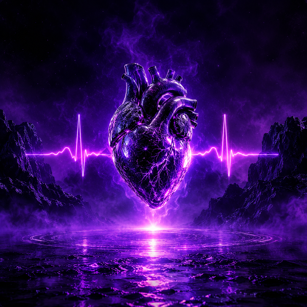 lifeline-future-type-beat. Floating neon-purple heart surrounded by cosmic smoke, glowing reflections, and futuristic atmospheric textures depicting the dreamy synths, hypnotic melodies, and late-night psychedelic trap energy associated with Future-inspired instrumentals