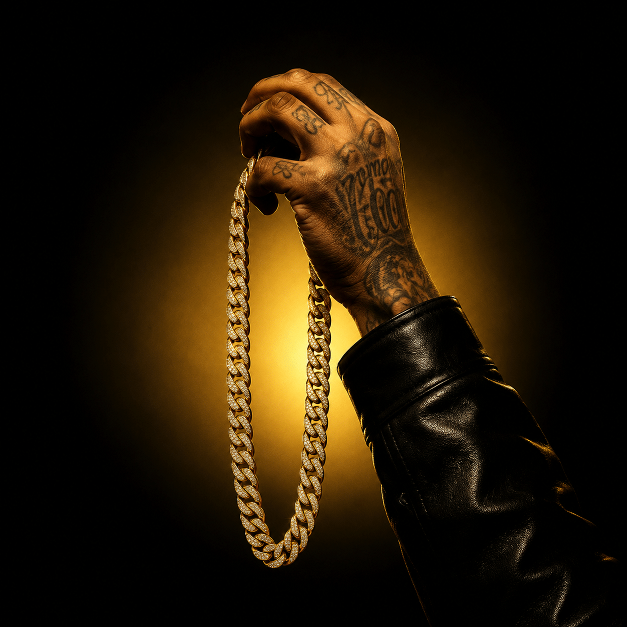 lil-wayne-inspired-gold-chain-type-beat-cover Tattooed rapper’s hand holding a gold chain in front of a glowing golden spotlight and black background, capturing the luxury, money, and street-inspired vibe of a Lil Wayne-style hip-hop type beat.