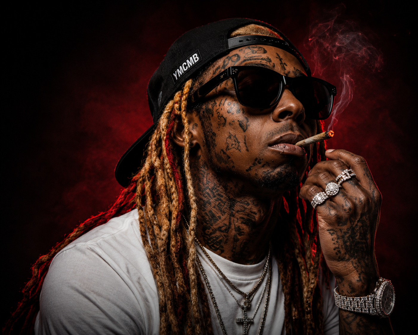 lil-wayne-mixtape-era-trap-type-beat-artist-inspired. Dark cinematic portrait inspired by Lil Wayne type beats featuring southern trap aesthetics, red studio lighting, tattooed rapper with dreadlocks, smoky atmosphere, hard 808 energy, and mixtape-era hip hop vibes