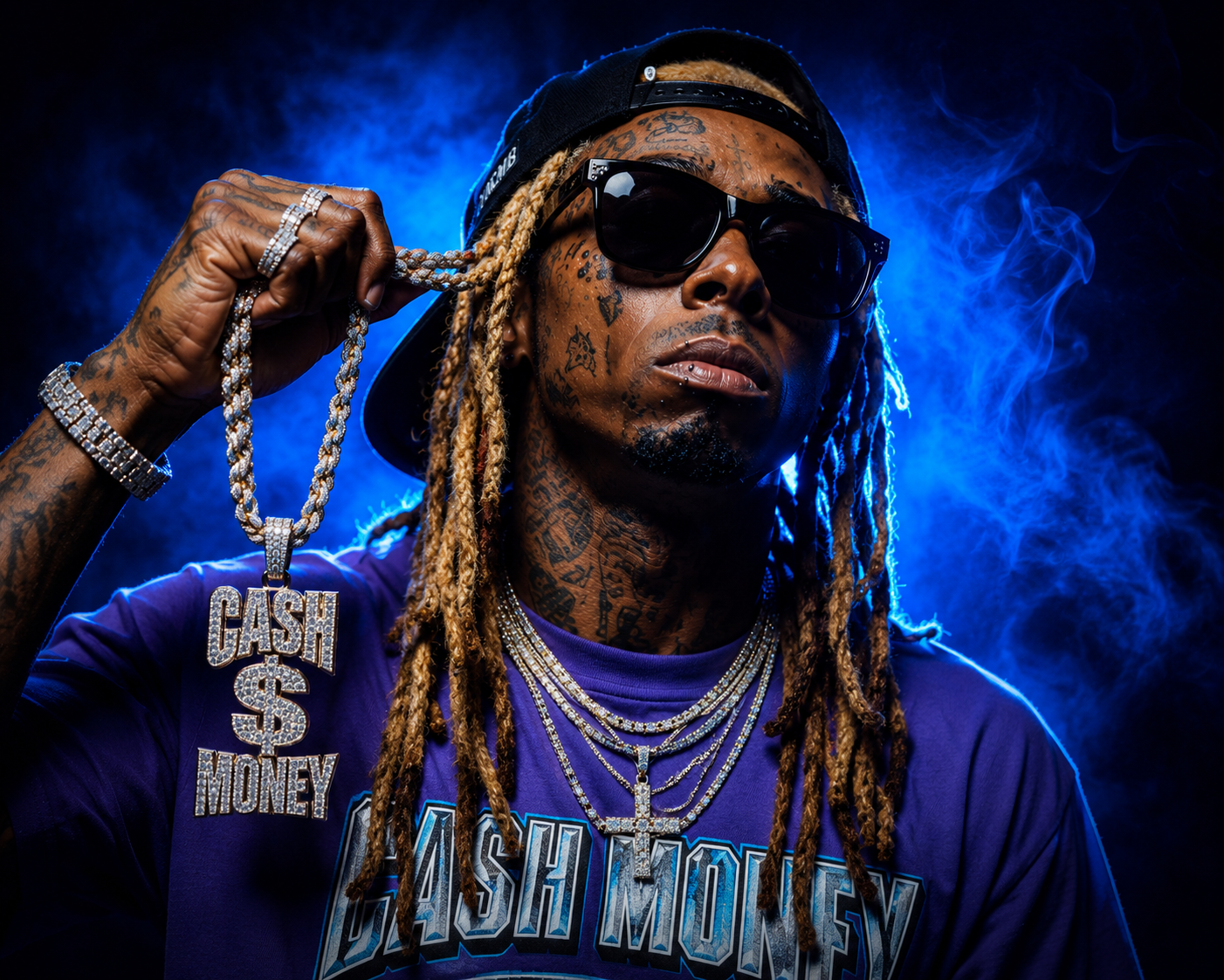 lil-wayne-type-beat-blue-neon-cash-money-inspired. Artist-inspired portrait representing Lil Wayne type beats featuring blue neon lighting, southern trap aesthetics, diamond chains, Cash Money-era influence, melodic trap production vibes, and cinematic hip hop energy.