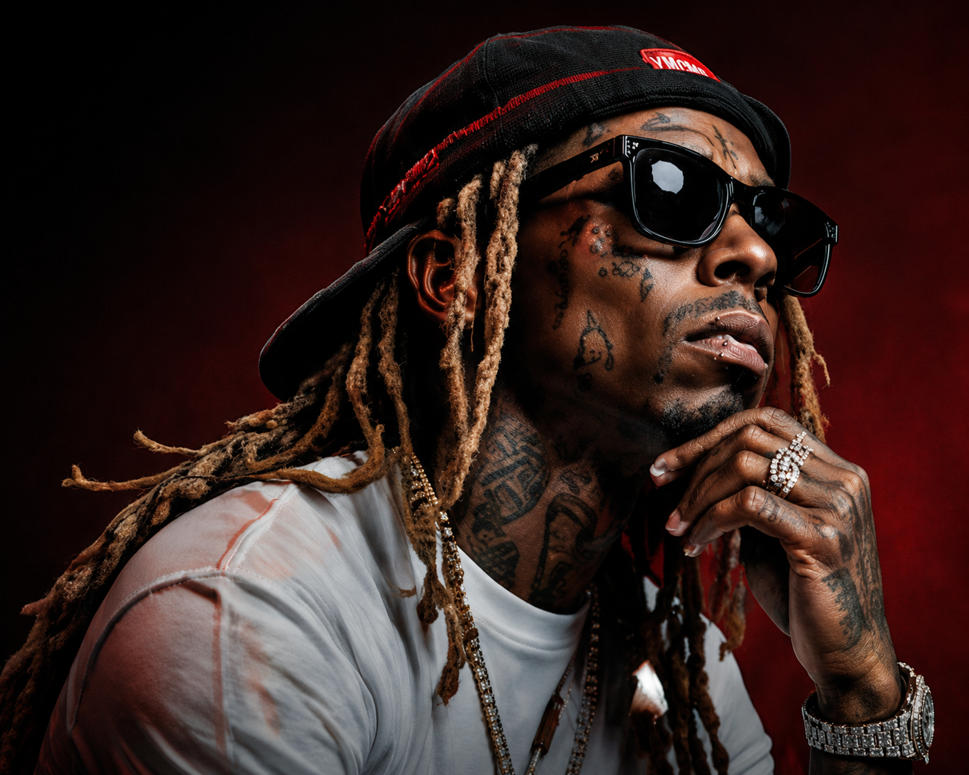 lil-wayne-type-beats-southern-trap-artist-inspired. Artist-inspired portrait representing the style and energy of Lil Wayne type beats featuring southern trap aesthetics, dark red lighting, melodic rap vibes, hard 808s, and mixtape-era hip hop influence.