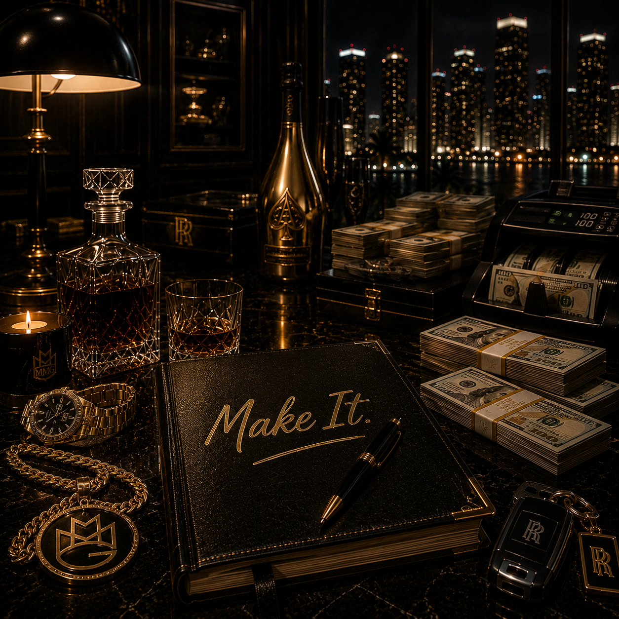 make-it-rick-ross-instrumental Luxury office scene with stacks of cash, designer accessories, and upscale rap lifestyle aesthetics inspired by the cinematic boss-energy associated with Rick Ross-style instrumentals