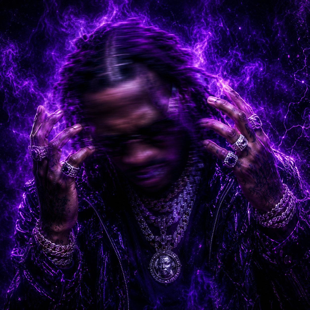 meltdown-future-type-beat Motion-blurred futuristic rapper surrounded by purple smoke and dark neon energy depicting the chaotic tension, eerie melodies, and aggressive cinematic trap atmosphere associated with Future-inspired dark wave instrumentals