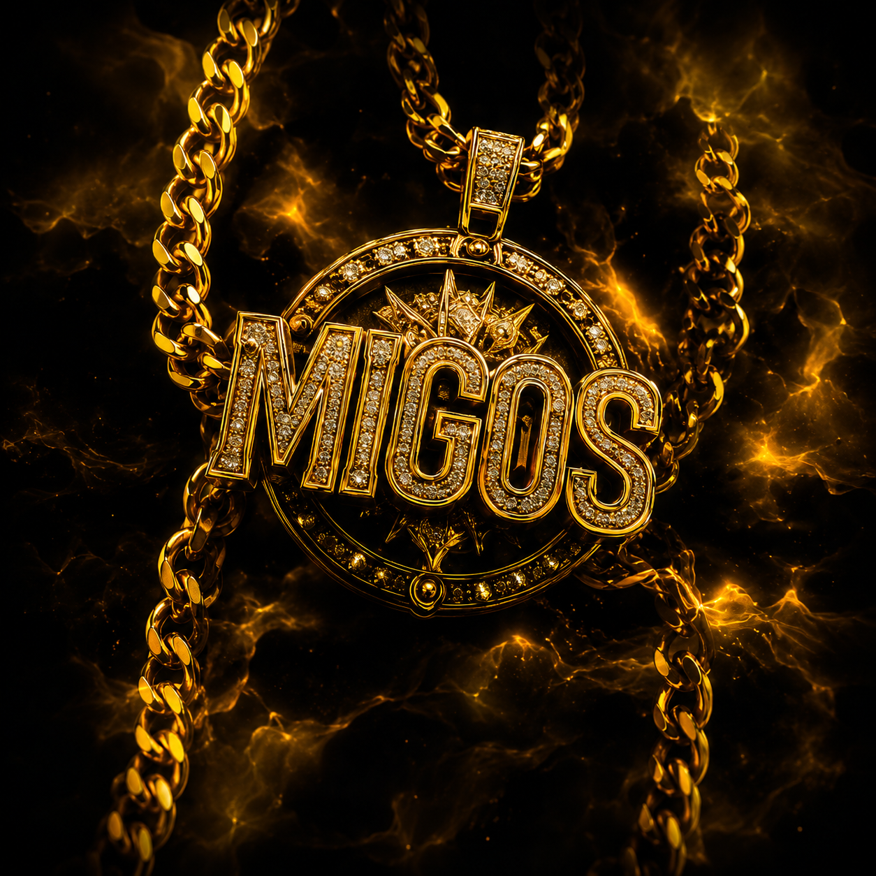 migos-gold-chain-atlanta-trap-artwork Luxury gold chain pendant inspired by Migos trap culture, featuring diamond-encrusted jewelry, glowing gold smoke effects, and premium Atlanta hip hop aesthetics representing modern trap instrumentals and luxury rap production.