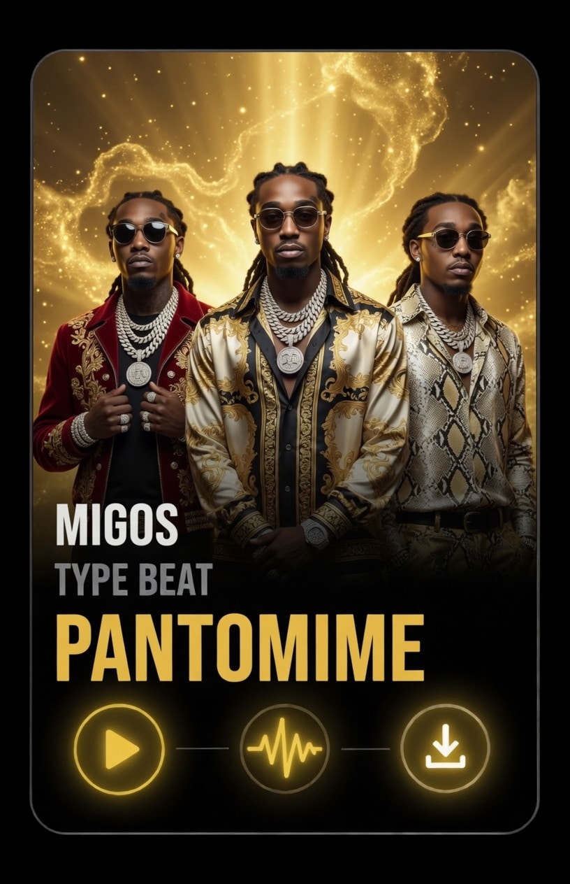 migos type beat pantomime Three men in stylish, patterned outfits and sunglasses stand in front of a glowing golden background. The text reads: Migos Type Beat Pantomime with play, soundwave, and download icons below.