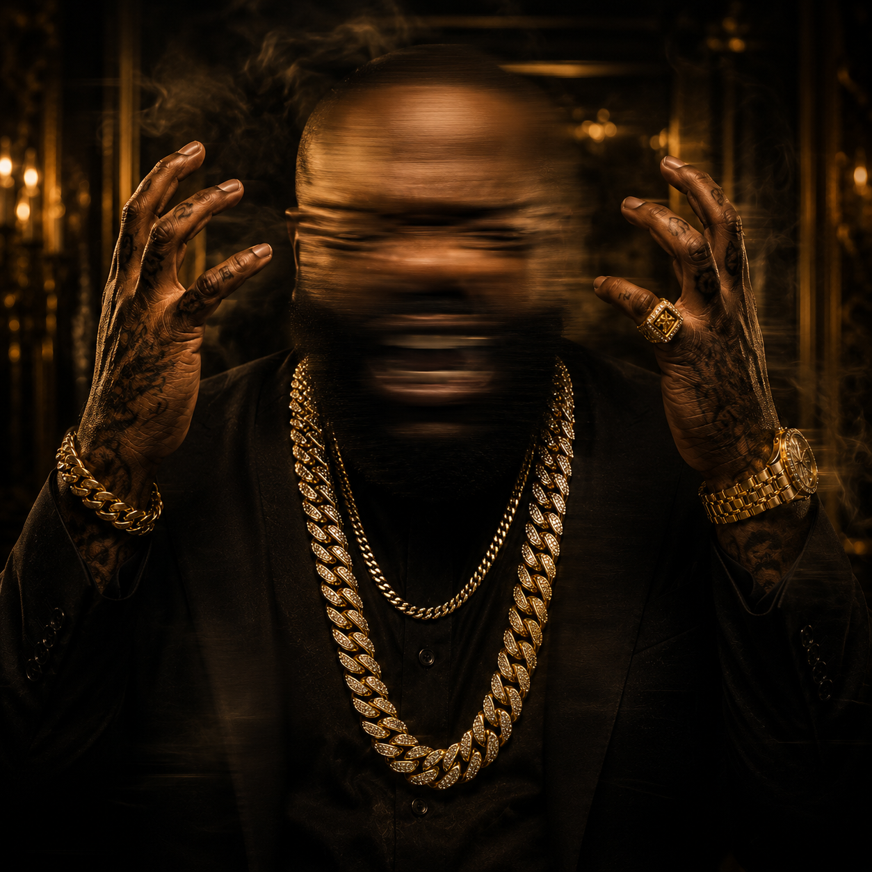 mxnster-rick-ross-instrumental Dark aggressive trap-inspired portrait of a luxury rapper with blurred facial motion, raised tattooed hands, and cinematic red lighting to represent the intense energy of Rick Ross-style instrumentals