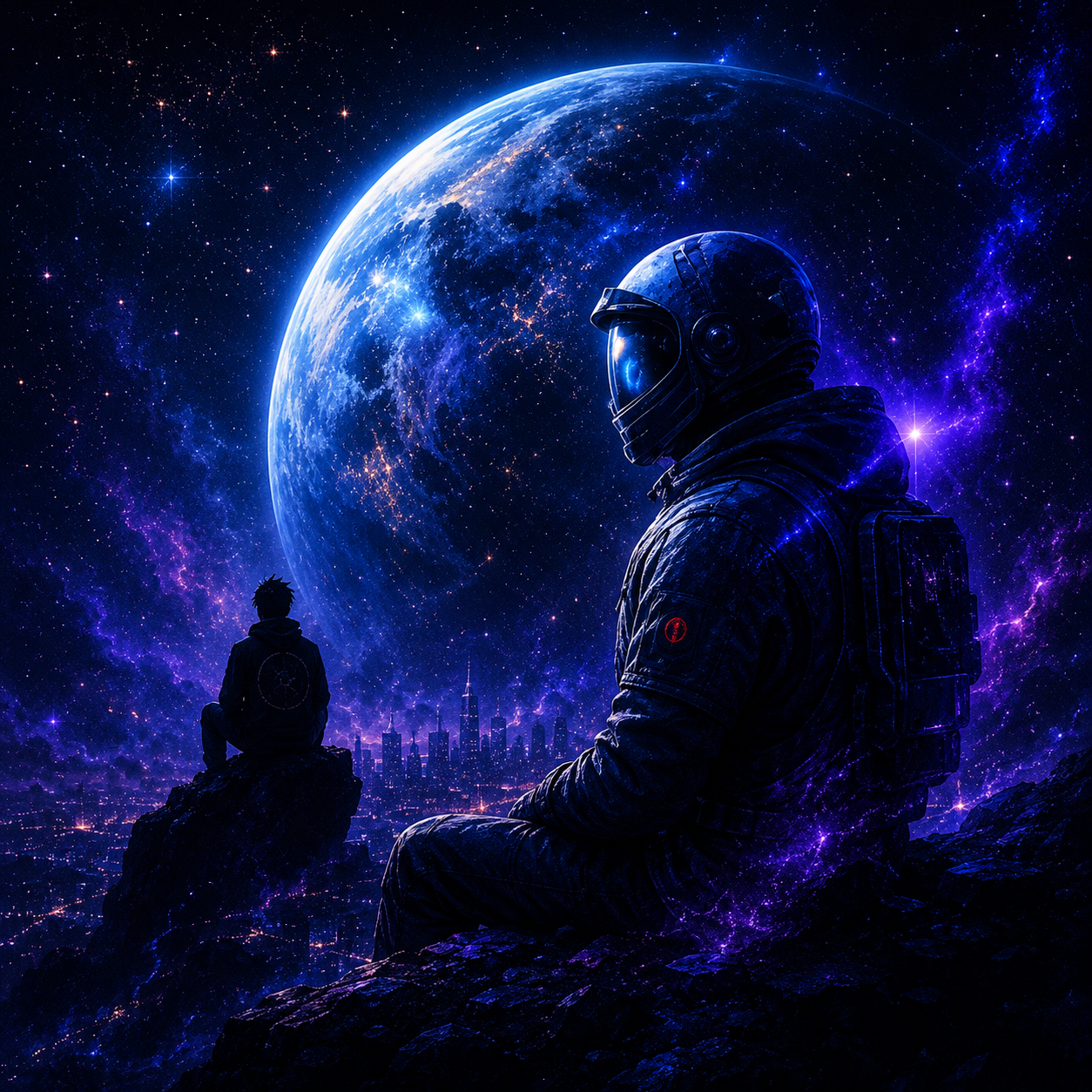 my-lvfe-kid-cudi-type-beat Emotional space rap artwork inspired by Kid Cudi featuring a lone astronaut overlooking a futuristic city beneath a massive glowing planet with dreamy cosmic trap aesthetics and atmospheric late-night energy