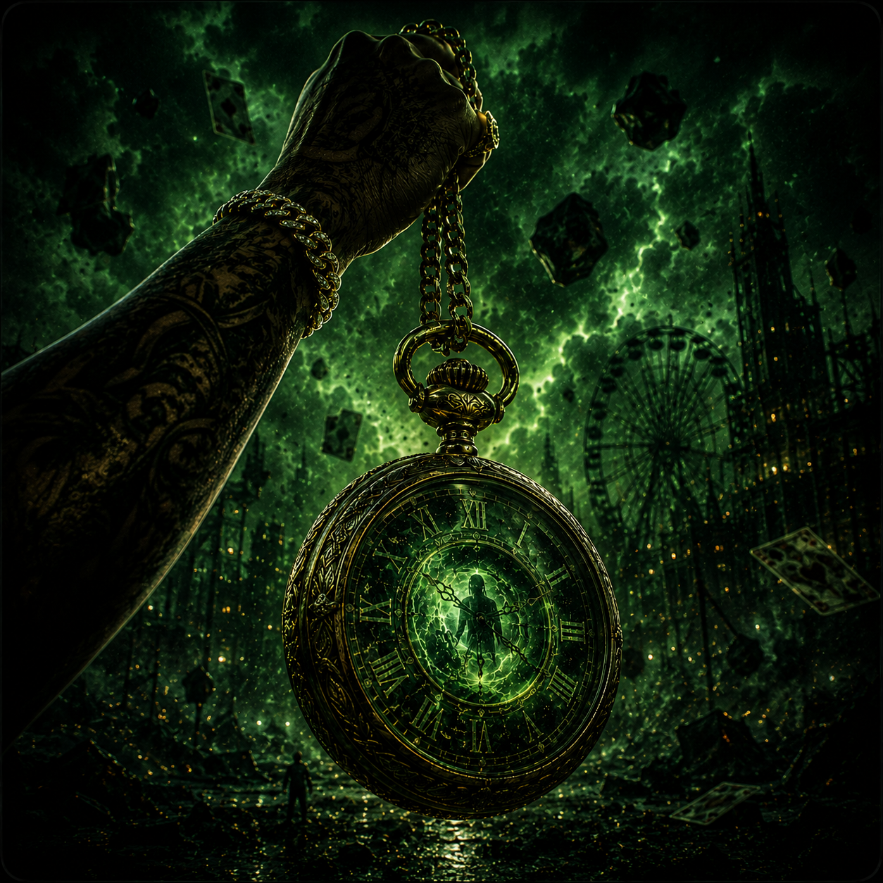 never-too-late-travis-scott-type-beat Tattooed rapper’s arm holding a giant glowing pocket watch on a gold chain in a dark green post-apocalyptic fantasy city filled with storm clouds, floating debris, and cinematic neon lighting, representing the evolving atmospheric trap energy, hypnotic melodies, emotional bounce, and futuristic Travis Scott-inspired production