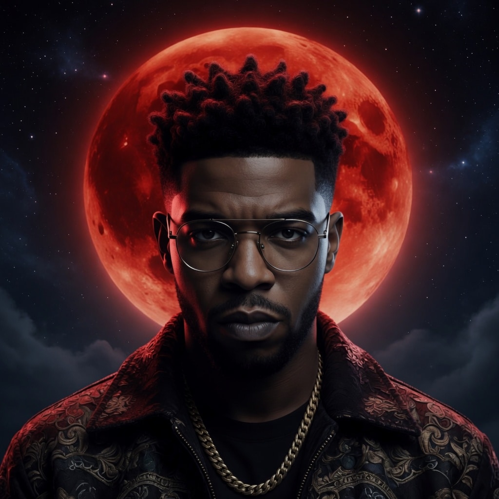 new kid cudi instrumental 2026 an image of the rapper kid cudi with a red moon glow behind him and the beat name