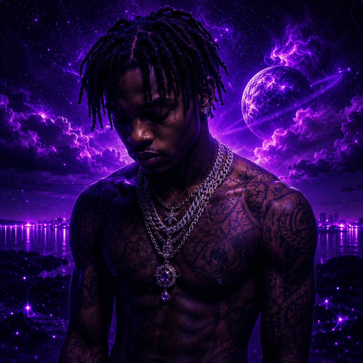 oldest-child-future-type-beat Young futuristic rapper with short dreads, layered diamond chains, and tattooed body surrounded by cosmic purple skies and atmospheric neon textures depicting the emotional spacey R&B trap energy, melodic storytelling, and futuristic production style associated with Future-inspired instrumentals