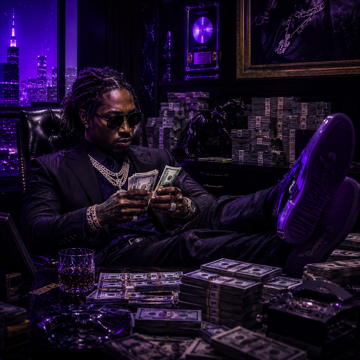 overdue-future-type-beat Luxury trap-inspired rapper in a dark executive office counting stacks of cash with his feet on the desk surrounded by purple neon lighting and vintage wealth aesthetics, depicting the hypnotic minimal trap energy and booming 808-driven atmosphere associated with Future and Migos-inspired type beats produced by The Corporate Thief Beats.
