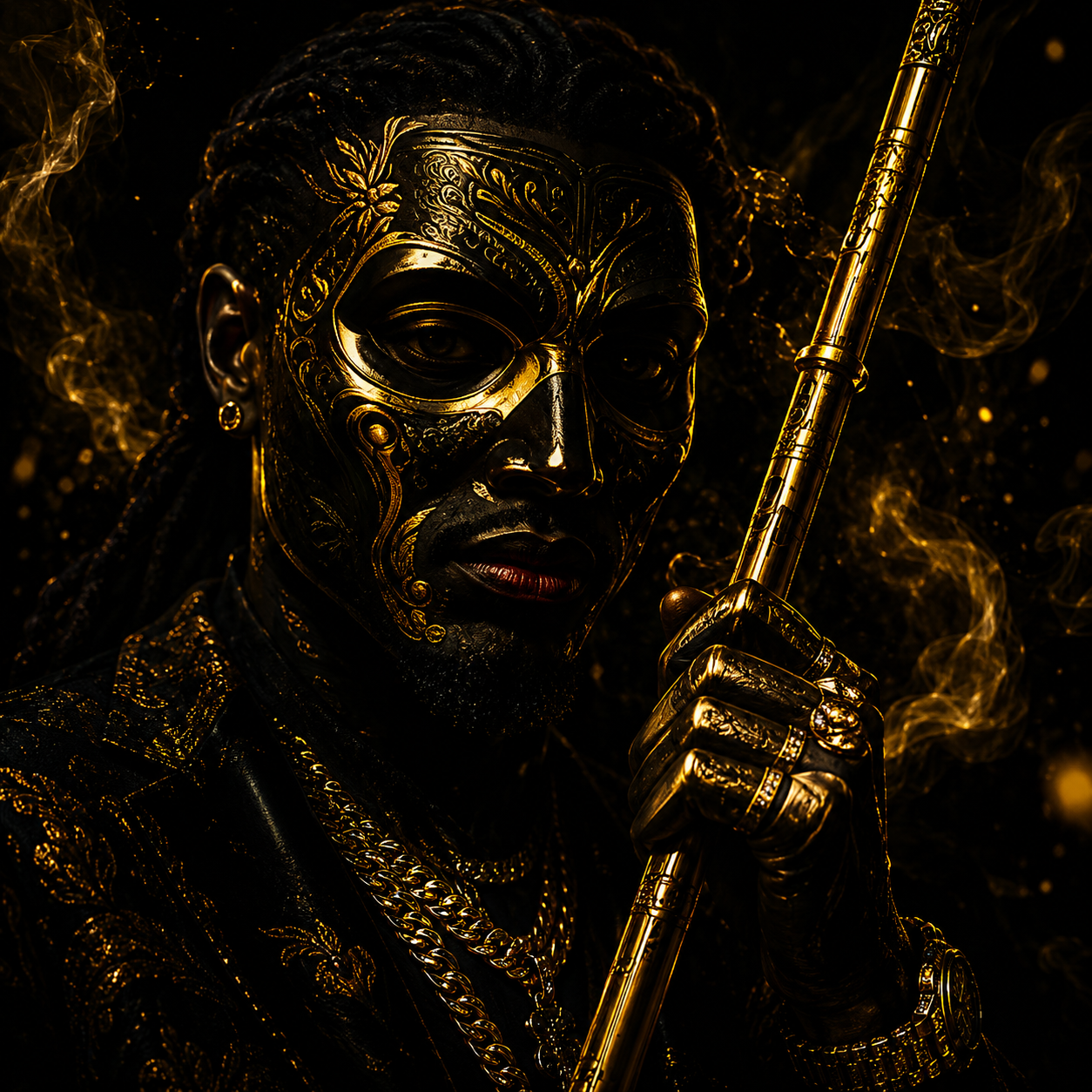 pantomime-migos-type-beat Dark flute trap beat artwork featuring a mysterious masked figure holding an ornate golden flute surrounded by smoke, luxury details, and cinematic shadows inspired by Migos-style trap production and dark melodic Atlanta hip hop.