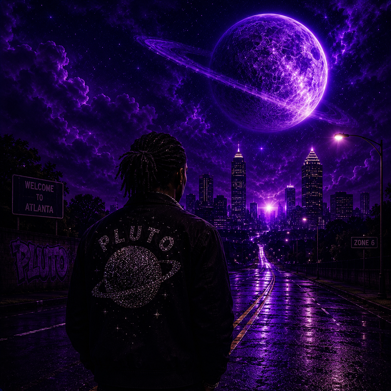 path-future-type-beat Silhouetted futuristic rapper standing alone on a neon-lit Atlanta road beneath a massive glowing purple Pluto moon, depicting the uplifting melodies, atmospheric trap production, and laid-back futuristic energy associated with Future-inspired type beats produced by The Corporate Thief Beats