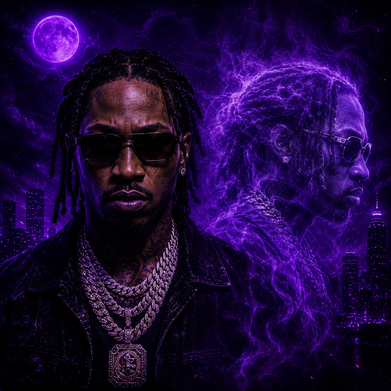 phantom-future-type-beat Dark futuristic rapper standing beside a ghostly spectral version of himself surrounded by purple smoke, neon city lights, and cinematic atmospheric lighting depicting the haunting trap melodies, dark luxury production, and moody Metro Boomin-inspired energy associated with Future and Drake-style type beats produced by The Corporate Thief Beats