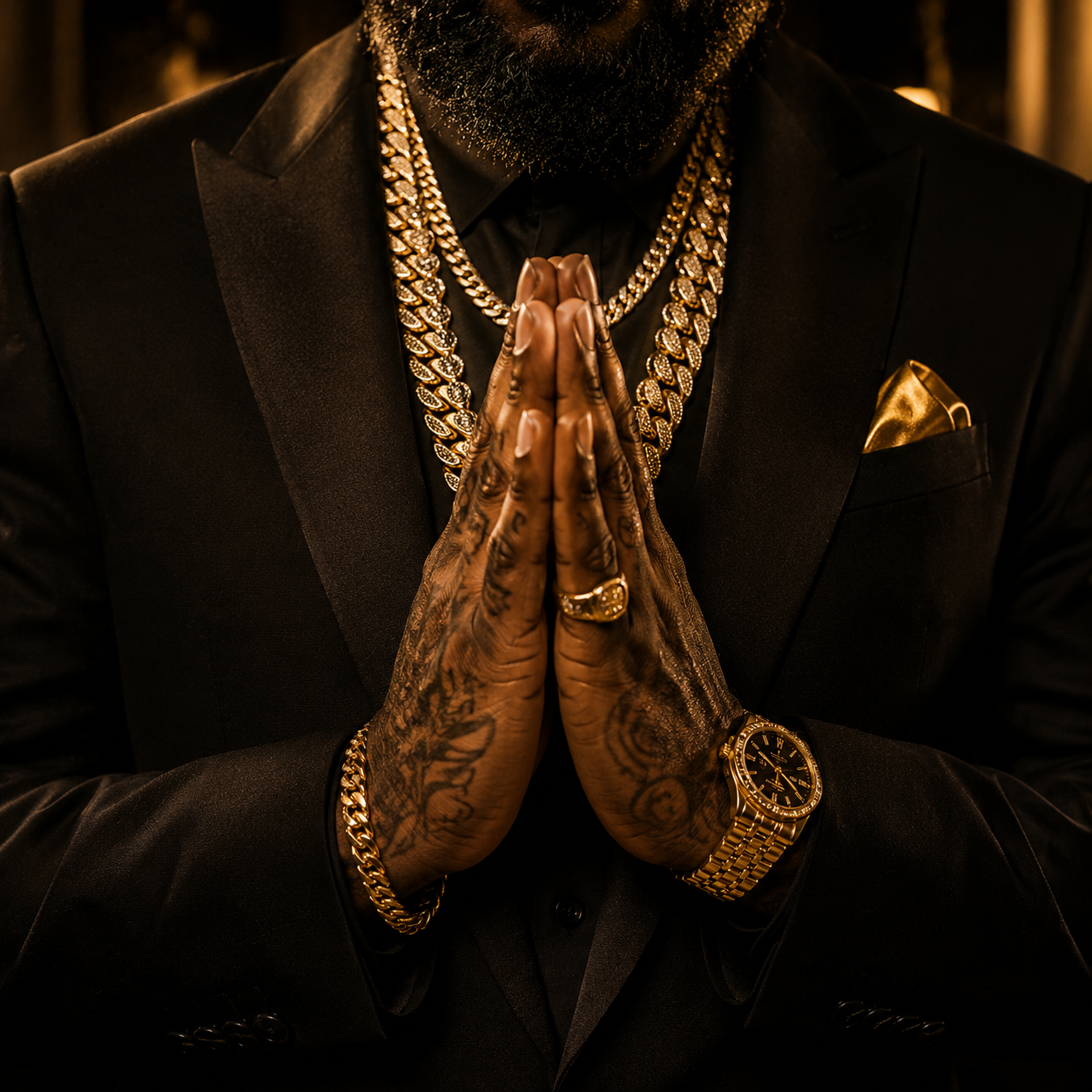 positive-vibes-rick-ross-instrumental Luxury rap-inspired portrait featuring tattooed praying hands, gold jewelry, and a tailored black suit with cinematic lighting to represent the motivational and soulful atmosphere of Rick Ross-style instrumentals