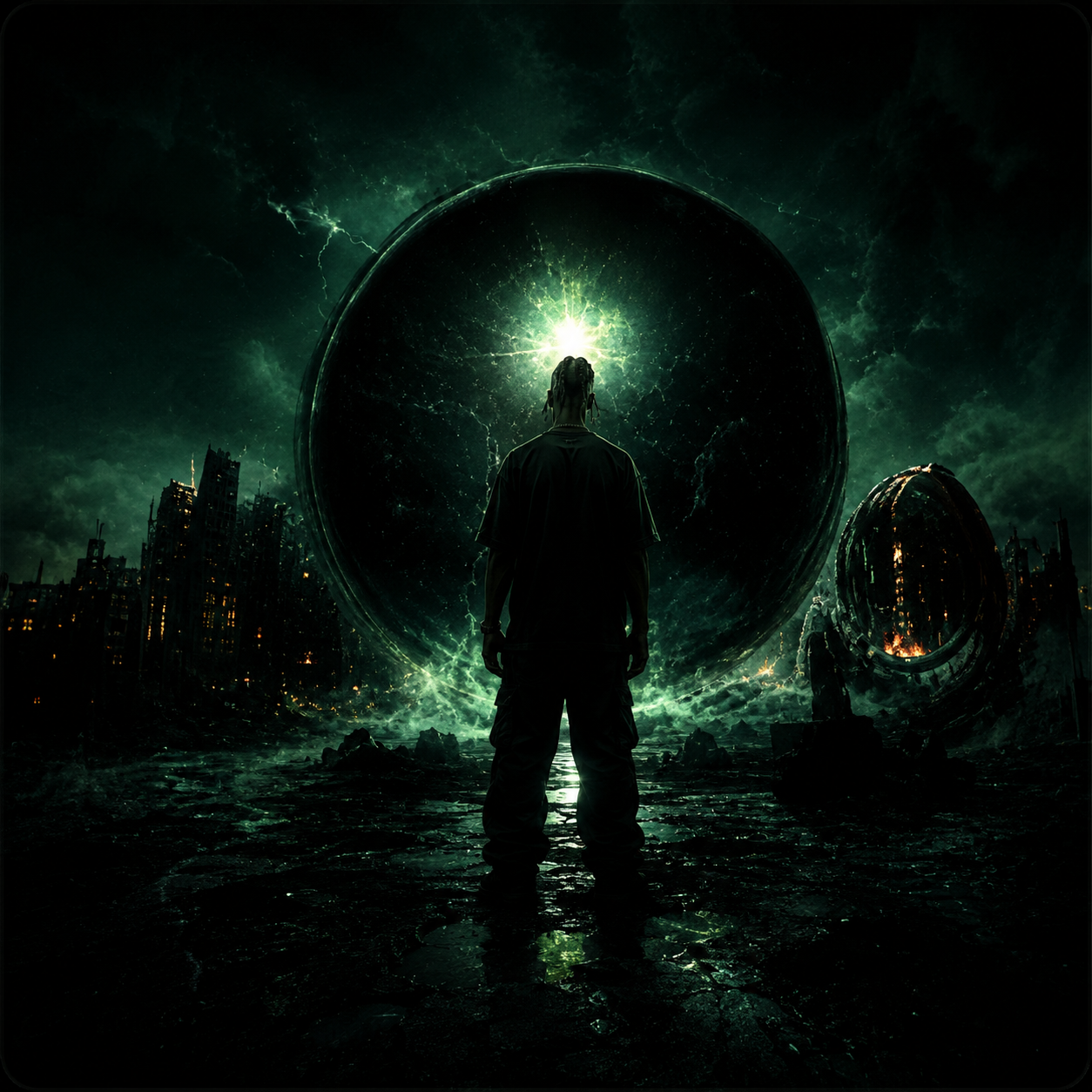 preludium-travis-scott-type-beat Dark futuristic rapper standing before a massive glowing green orb in a post-apocalyptic cinematic landscape surrounded by atmospheric smoke, storm clouds, and minimalist sci-fi textures, depicting the spacious melodies, evolving transitions, and cinematic trap energy associated with Travis Scott-inspired production