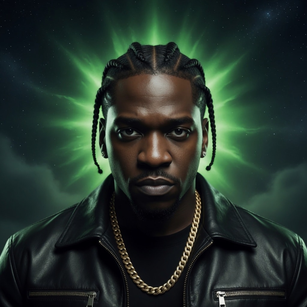 pusha t type beat 2026 an image of the rapper pusha t with green glow behind him with the beat name love child