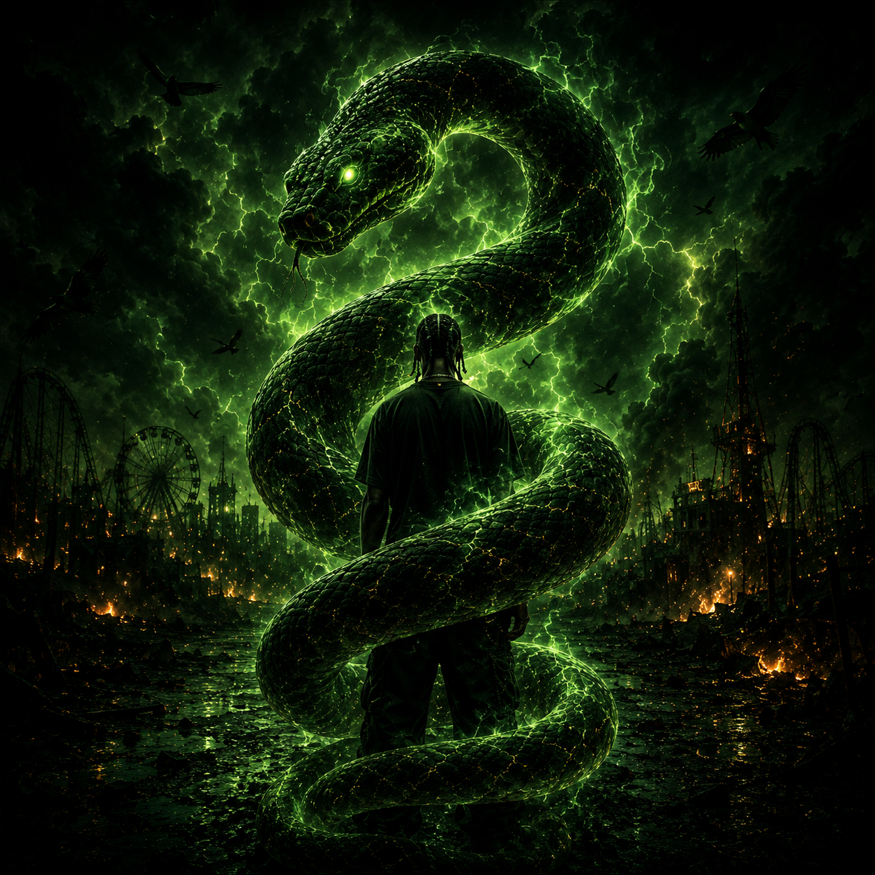 python-w-hook-travis-scott-type-beat Dark cinematic rapper standing beneath a massive glowing green python wrapped around his body in a post-apocalyptic storm landscape filled with neon lightning, smoke, and futuristic chaos, representing the spacey melodic trap energy, rolling 808s, hypnotic vocal textures, and cinematic Travis Scott-inspired production by The Corporate Thief Beats