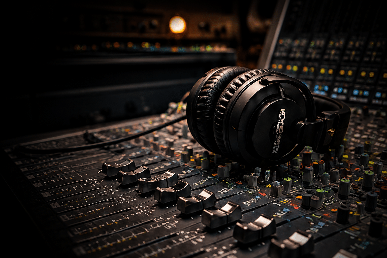 rap-instrumentals-recording-studio-headphones Professional studio headphones resting on a mixing console inside a dark recording studio used for rap instrumental music production
