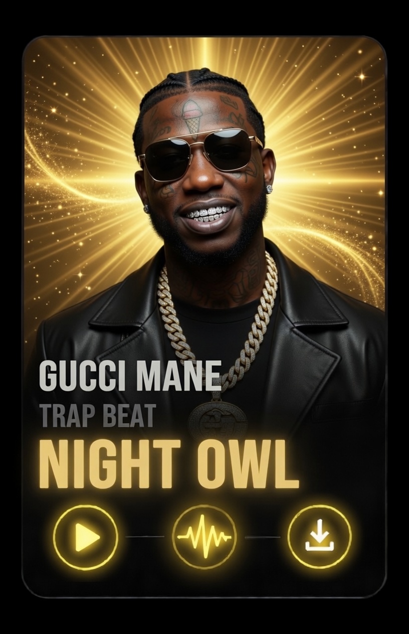 rapper Gucci Mane golden glow behind him with with sun glasses with his signature Outfit and grillz on his teeth trap beat A man wearing sunglasses, a gold chain, and a black leather jacket smiles in front of a glowing golden background. Text reads: Gucci Mane, Trap Beat, Night Owl with play, audio, and download icons below.