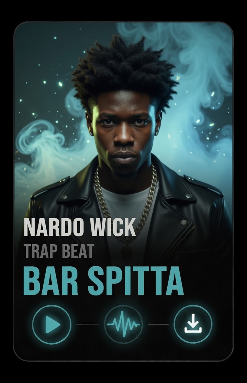 rapper Nardo Wick blueish green glow behind him with no glasses with his signature small fro A young man in a black leather jacket stands in front of a smoky blue background. Text on the image reads Nardo Wick Trap Beat Bar Spitta with play, audio, and download icons below.