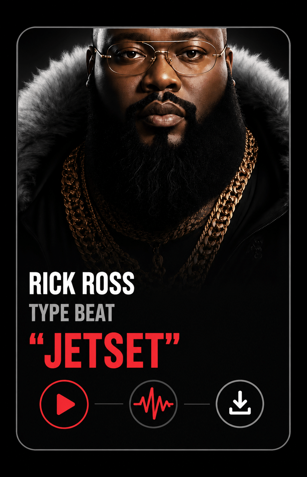 rick ross beat jeset A promo graphic features a man with glasses, a thick beard, and heavy gold chains. Text reads “Rick Ross Type Beat JETSET” with play, waveform, and download icons on a black background.