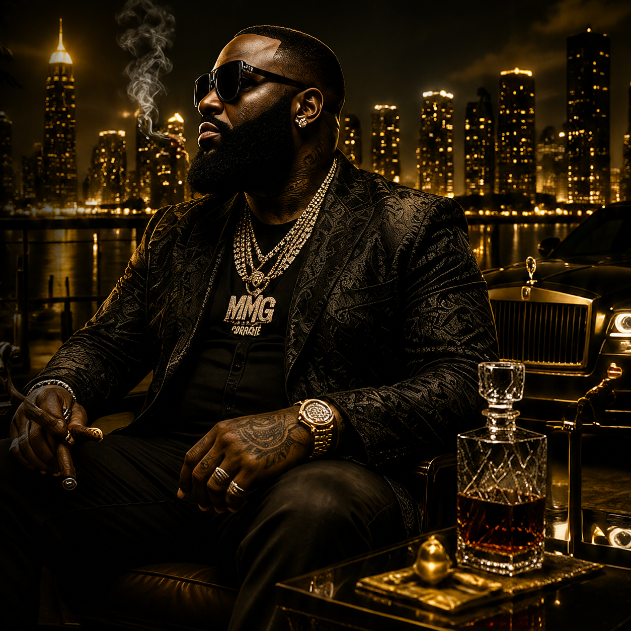 rick-ross-style-instrumentals-luxury-rapper Luxury rap-inspired artwork depicting the lavish lifestyle and boss energy associated with artists like Rick Ross, featuring a wealthy rapper in a luxury setting to represent cinematic Rick Ross-style instrumentals produced by The Corporatethief Beats.