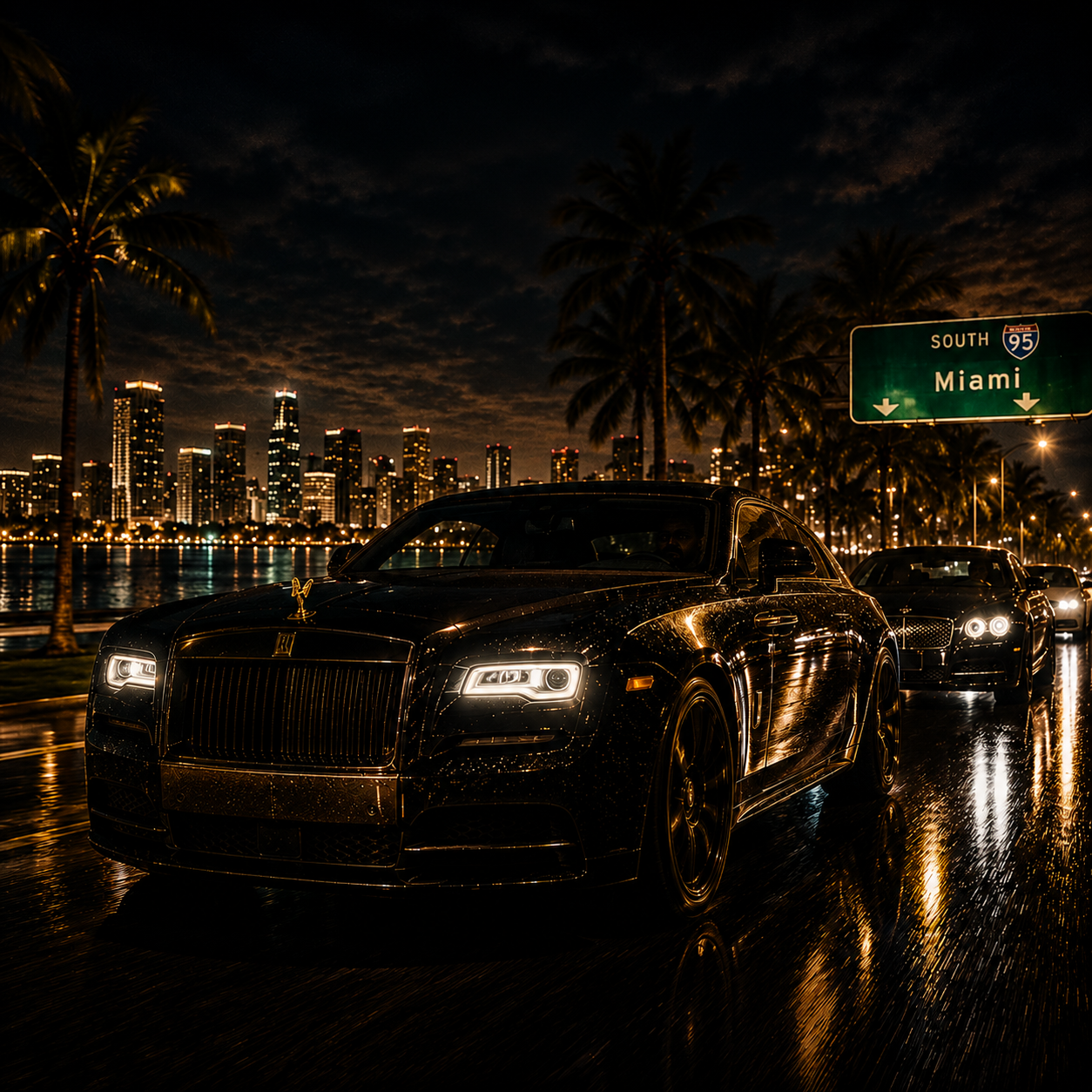 ridin-rick-ross-type-beat Luxury Miami rap type beat artwork featuring exotic black luxury cars cruising through a rainy South Miami night, inspired by cinematic Rick Ross-style instrumentals with luxury trap energy, orchestral production, and boss-level hip hop vibes