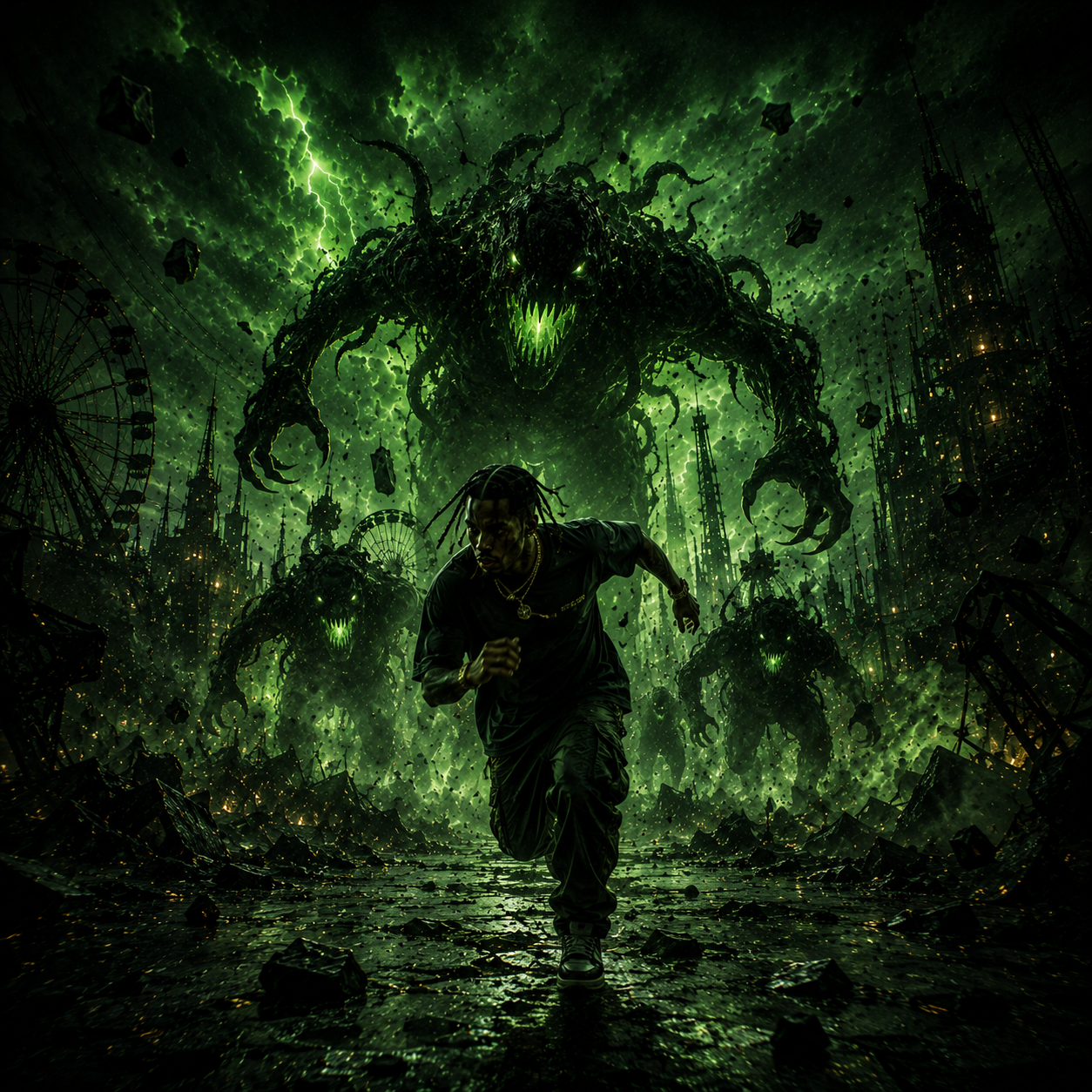 run-travis-scott-type-beat Dark cinematic rapper sprinting through a neon green post-apocalyptic city while being chased by giant monstrous creatures beneath violent storm clouds and glowing lightning, representing the haunting vocal textures, dark basslines, intricate trap drum changes, and hard-hitting Travis Scott-inspired commercial trap energy created