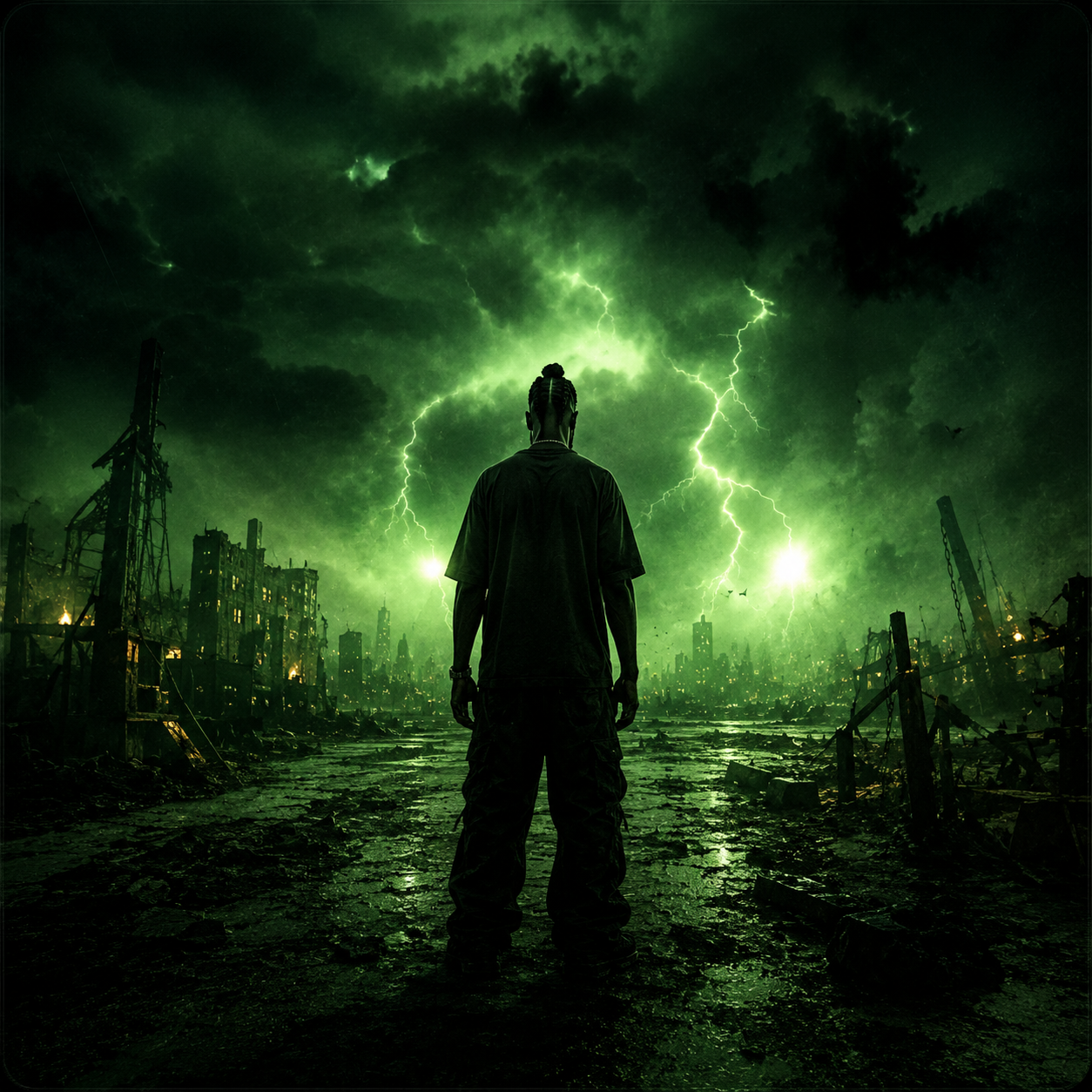 saskatchewan-travis-scott-type-beat Dark cinematic rapper standing with his back facing a violent green thunderstorm in a post-apocalyptic city surrounded by lightning, destruction, and haunting atmospheric energy, depicting the aggressive trap drums, hard-hitting 808s, and dark Travis Scott-inspired sound associated with cinematic trap production by The CorporateThief Beats.