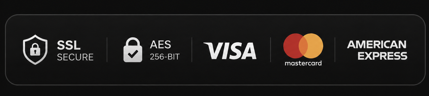 secure check out buttons Black banner showing security icons and payment logos: SSL Secure with a shield, AES 256-Bit with a padlock, and logos for Visa, Mastercard, and American Express.