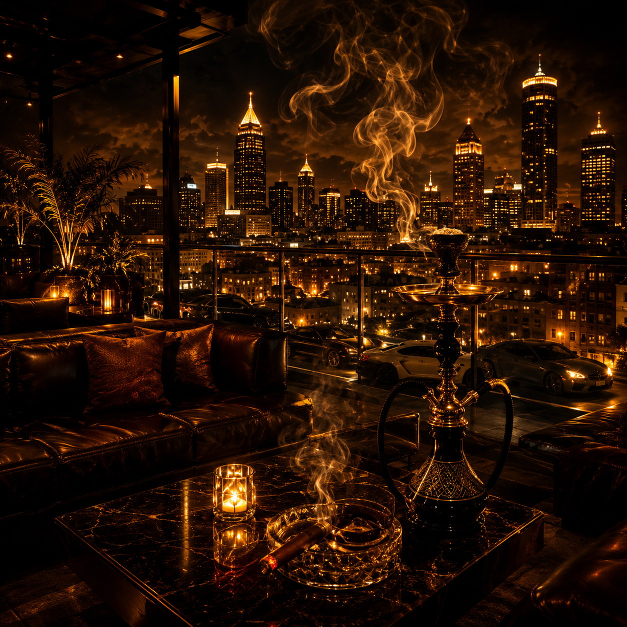 smokin-legal-migos-type-beat Laid-back street trap beat artwork featuring a luxury rooftop lounge overlooking the Atlanta skyline with drifting smoke, warm city lights, and relaxed nightlife energy inspired by Migos-style trap music.