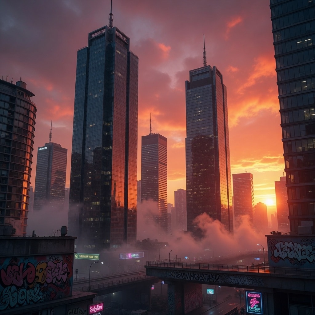 image to represent modern hip hop beats square image of a city with sky scrapers with an early morning glow image to represent modern hip hop beats