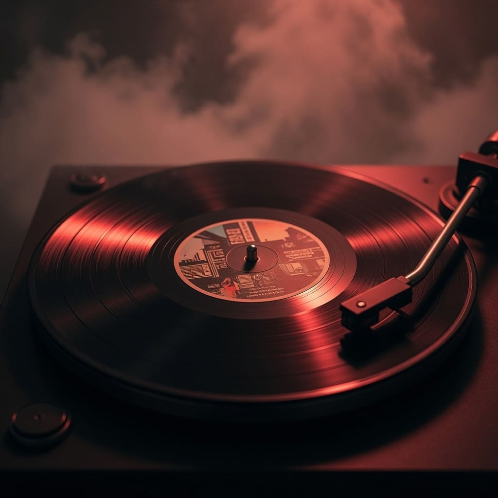 represent soulful hip hop beats square image of a record with a light red glow image to represent soulful hip hop beats
