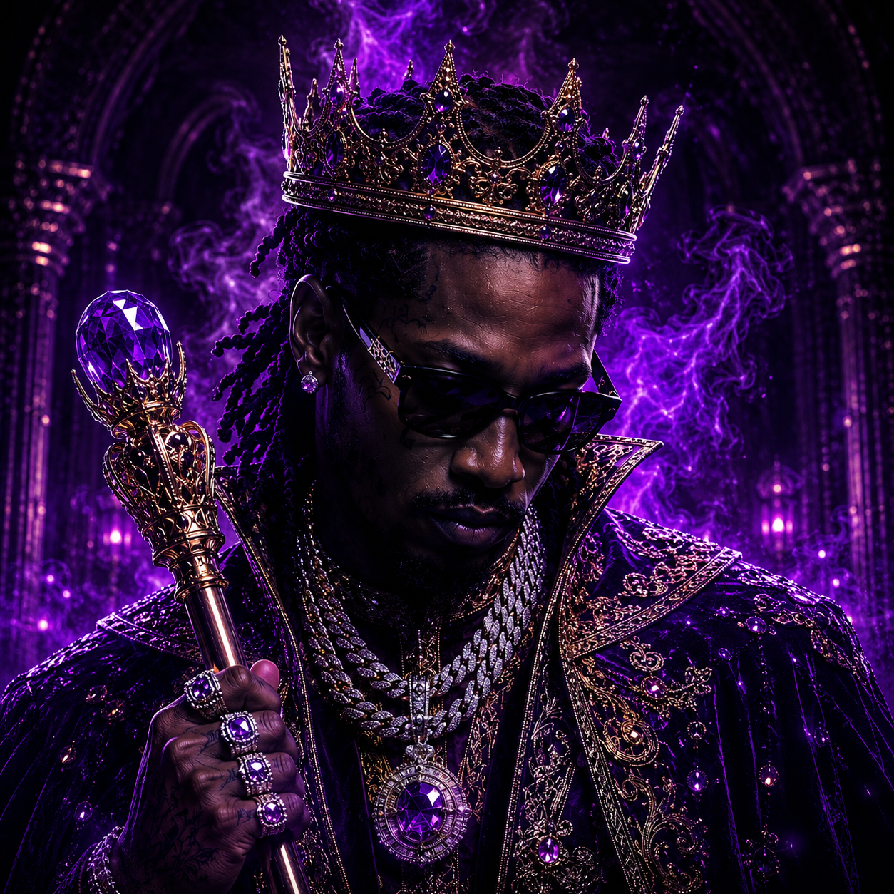 the-prince-future-type-beat Futuristic trap-inspired rapper wearing a royal crown and holding a jeweled staff surrounded by purple neon smoke and luxury gothic textures depicting the atmospheric ethnic flute melodies, hard-hitting 808s, and cinematic trap energy associated with Future and Migos-inspired instrumentals produced by The Corporate Thief Beats.