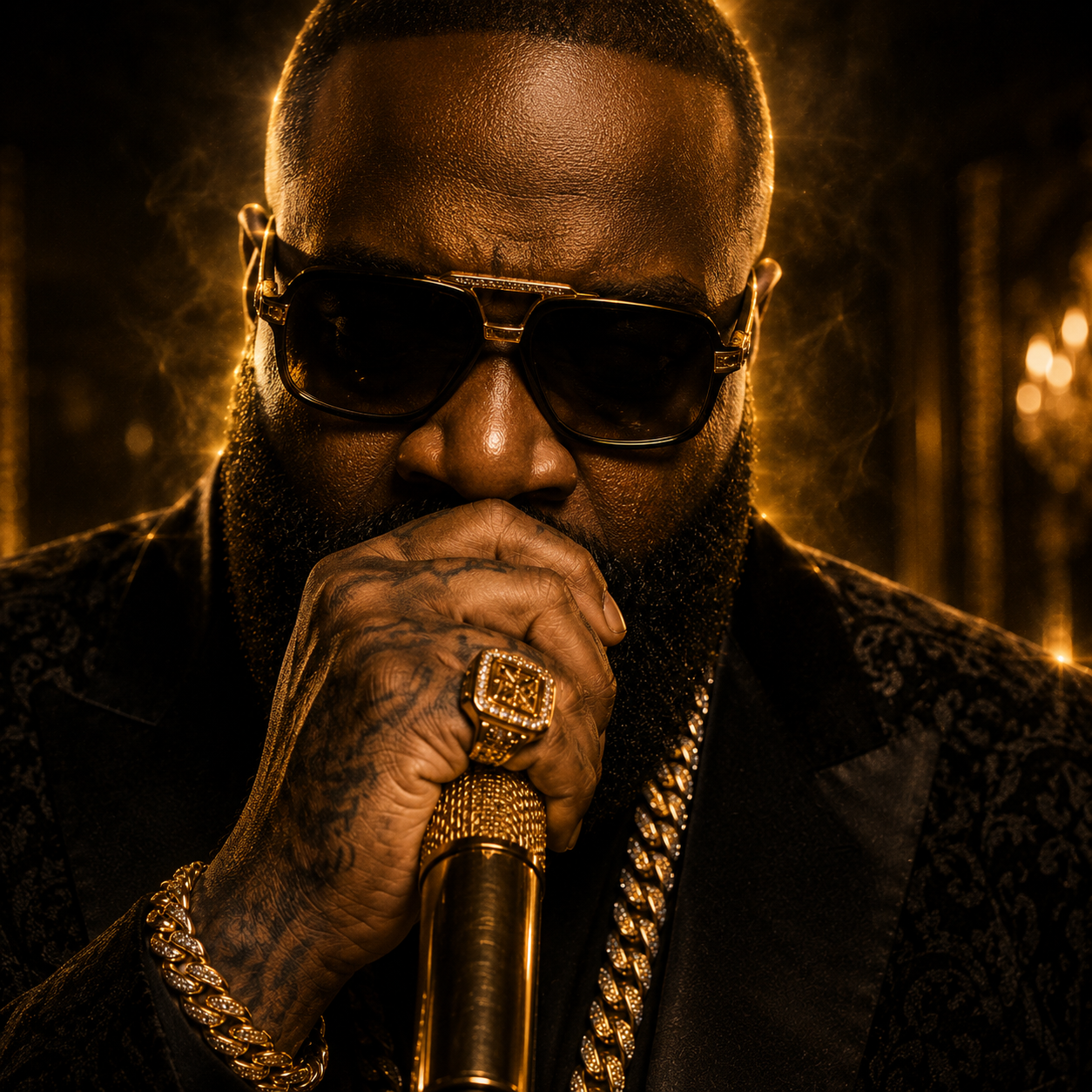the-return-dark-trap-instrumental Dark cinematic rap portrait featuring a luxury rapper holding a microphone with gold lighting, sunglasses, and intense performance energy inspired by modern Rick Ross-style trap instrumentals produced by The Corporatethief Beats