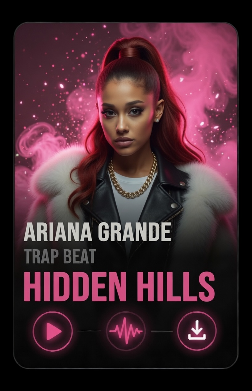 the singer Ariana Grande pink glow behind her with no glasses with his outfit on, white fur coat around her shoulders Ariana Grande trap beat hidden hills A woman with long red hair in a high ponytail wears a fur-collared leather jacket and gold chain, posing against a pink smoky background. Text reads: Ariana Grande, Trap Beat, Hidden Hills, with music icons below.