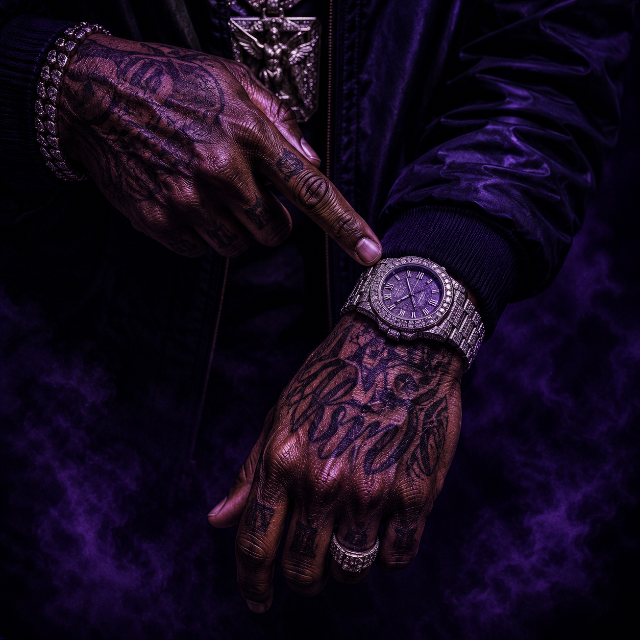 times-up-future-type-beat Tattooed rapper hands pointing toward a diamond-encrusted watch surrounded by dark purple smoke and cinematic neon lighting, depicting the haunting melodies, hypnotic trap rhythms, and futuristic atmospheric energy associated with Future-inspired melodic trap type beats produced by The CorporateThief Beats.