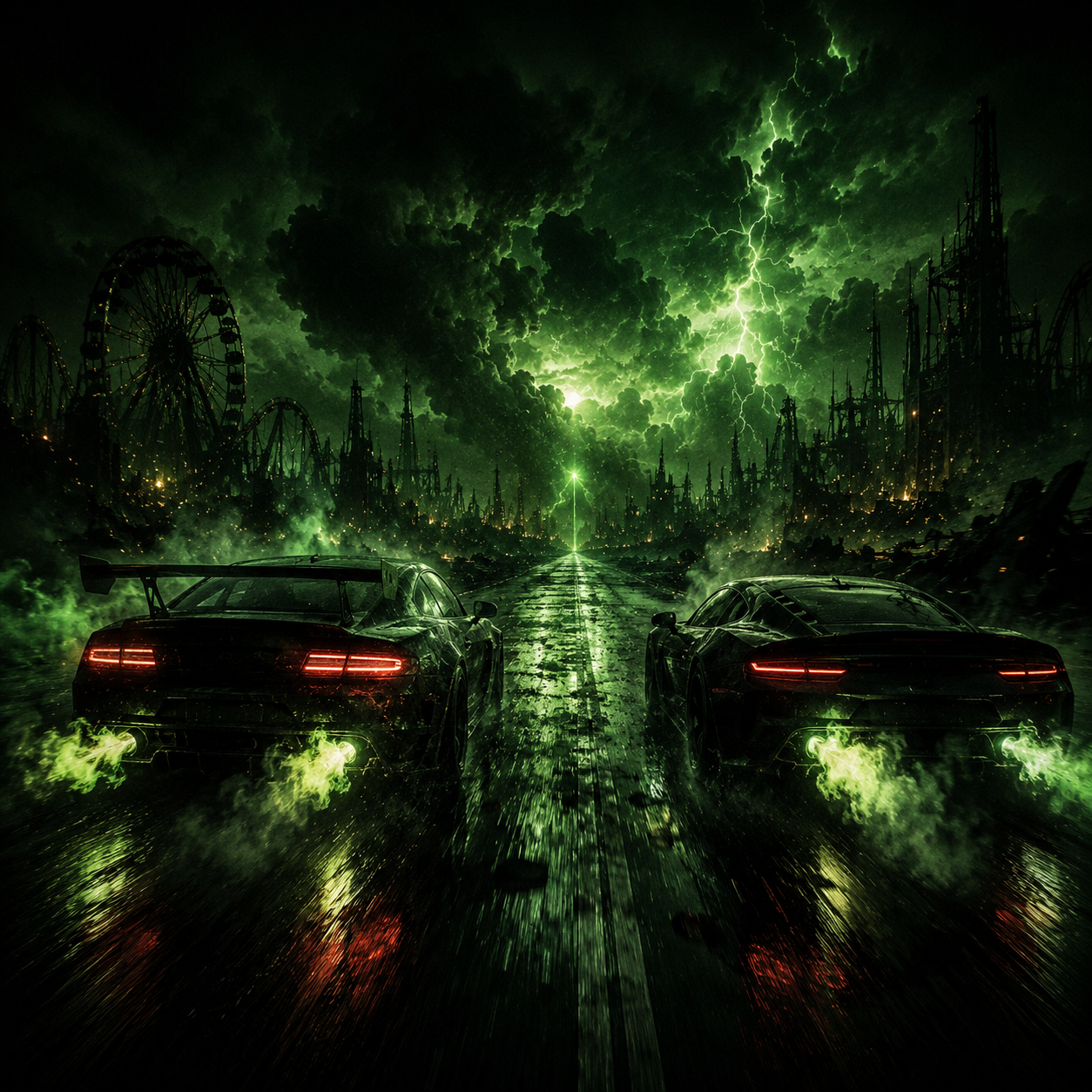 too-close-travis-scott-type-beat Two futuristic sports cars racing through a dark neon green post-apocalyptic city during a violent thunderstorm with cinematic lighting, aggressive energy, and atmospheric chaos, representing the hard piano melodies, fast-paced trap drums, and raw Travis Scott-inspired street anthem sound created by The Corporate Thief Beat
