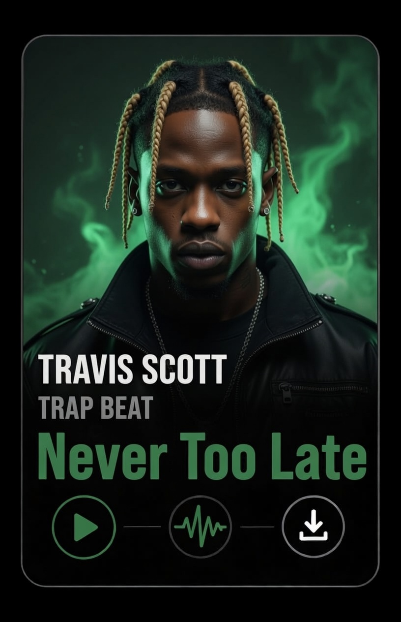 travis scott dark trap instrumental never too late A man with braided hair wearing a black leather jacket stands in front of swirling green smoke. Text reads: Travis Scott Trap Beat Never Too Late, with play, soundwave, and download icons below.