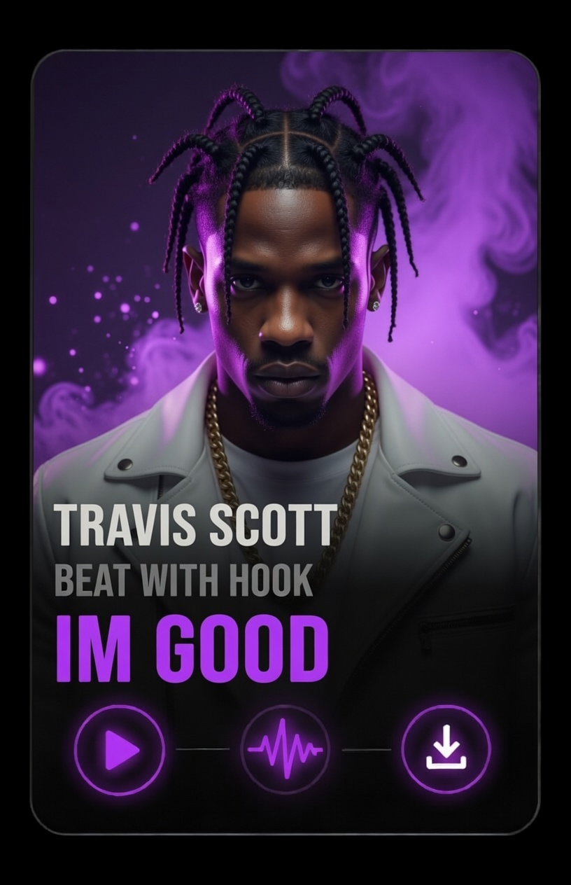 travis scott hook beat - im good A promotional music card featuring a man in a white jacket and gold chain, with styled braids, surrounded by purple smoke. Text: Travis Scott Beat With Hook IM GOOD and icons for play, audio, and download.